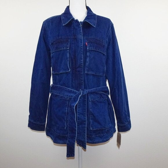 Levi's Denim Jean Jacket Women's Size XL Blue Belted Pockets Chore Coat Cotton - Picture 1 of 12
